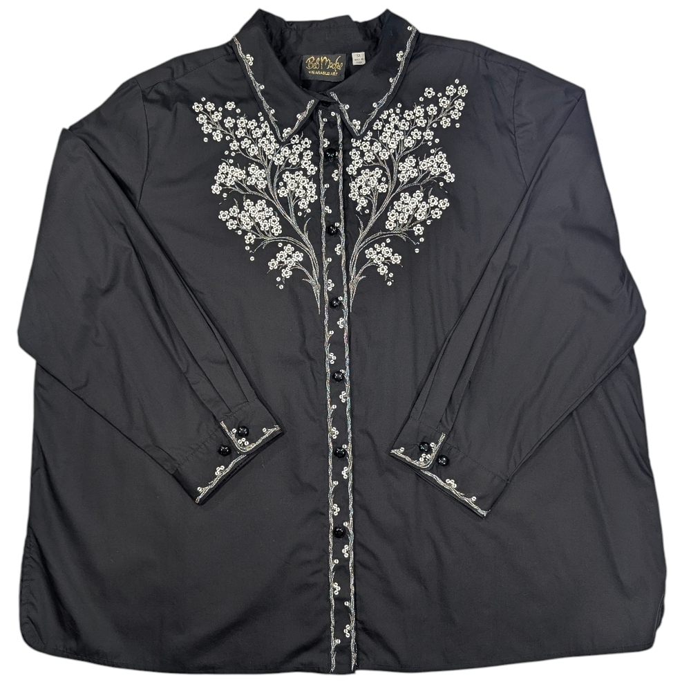 Vintage Bob Mackie Wearable Art Black Button Up W/ Silver, Sequin Tree. 3X